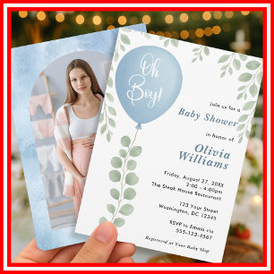 Oh Boy Eucalyptus Baby Shower Blue Balloon PHOTO Invitation