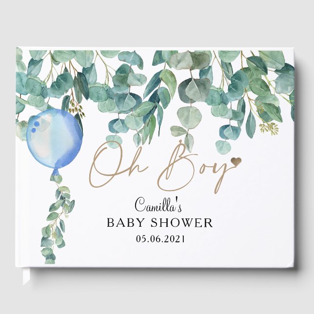 Oh Boy Eucalyptus Blue Balloon Baby Shower Guest Book (Front)
