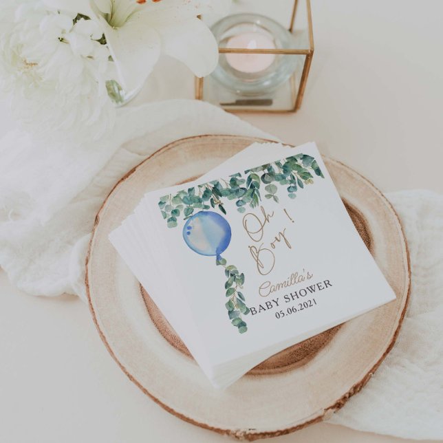 Oh Boy Eucalyptus Blue Balloon Baby Shower Napkin (Creator Uploaded)
