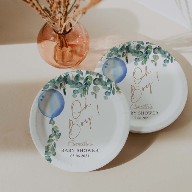 Oh Boy Eucalyptus Blue Balloon Baby Shower Paper Plate (Creator Uploaded)