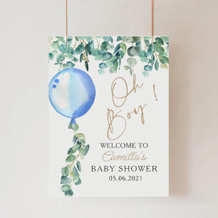 Oh Boy Eucalyptus Blue Balloon Baby Shower Poster