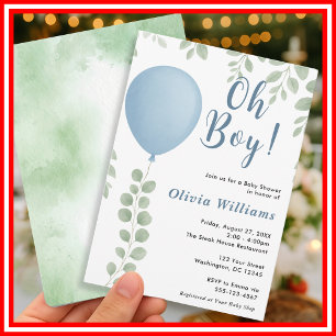 Oh Boy Eucalyptus Greenery Balloon Baby Shower Invitation