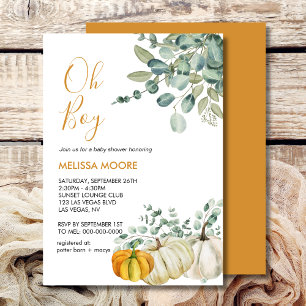 Oh boy fall pumpkin baby shower greenery invitation