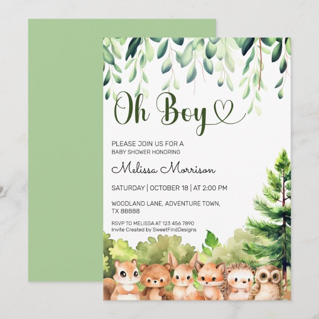Oh Boy Forest Animals Baby Boy Shower Invitation (Front/Back)
