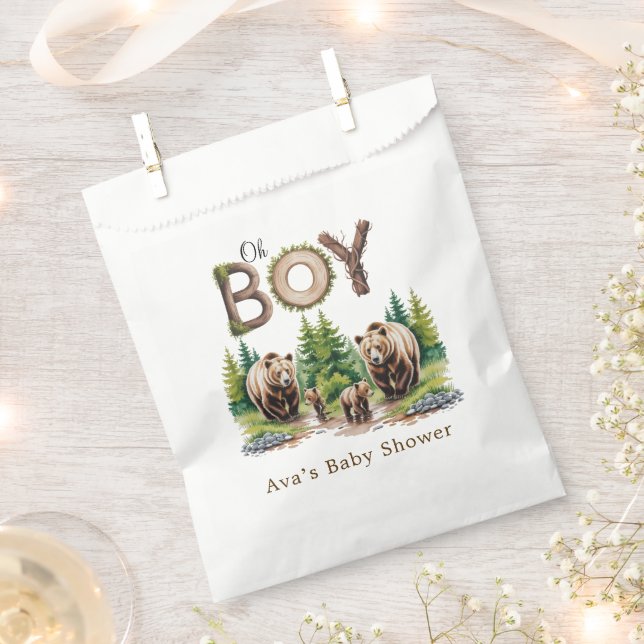 Oh Boy: Forest Wood Typography Bears Baby Shower Favour Bags (Clipped)