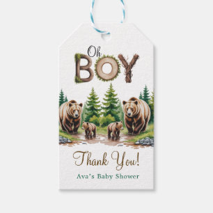 Oh Boy: Forest Wood Typography Bears Baby Shower Gift Tags