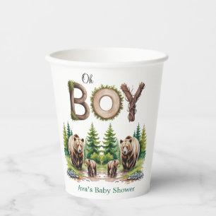 Oh Boy: Forest Wood Typography Bears Baby Shower Paper Cups