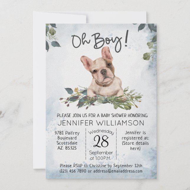 Oh Boy! French Bulldog Puppy Baby Shower Invitation (Front)