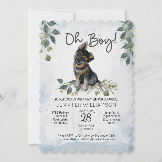 Oh Boy! German Shepherd Dog Baby Shower Invitation (Front)