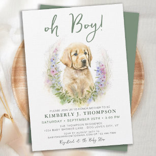 Oh Boy Golden Retriever Cute Puppy Dog Baby Shower Invitation