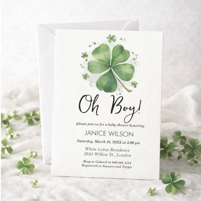 Oh Boy Green Shamrock St. Patricks Day Baby Shower Invitation (Creator Uploaded)