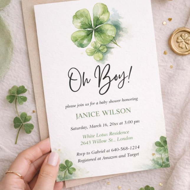 Oh Boy Green Shamrock St. Patricks Day Baby Shower Invitation (Creator Uploaded)