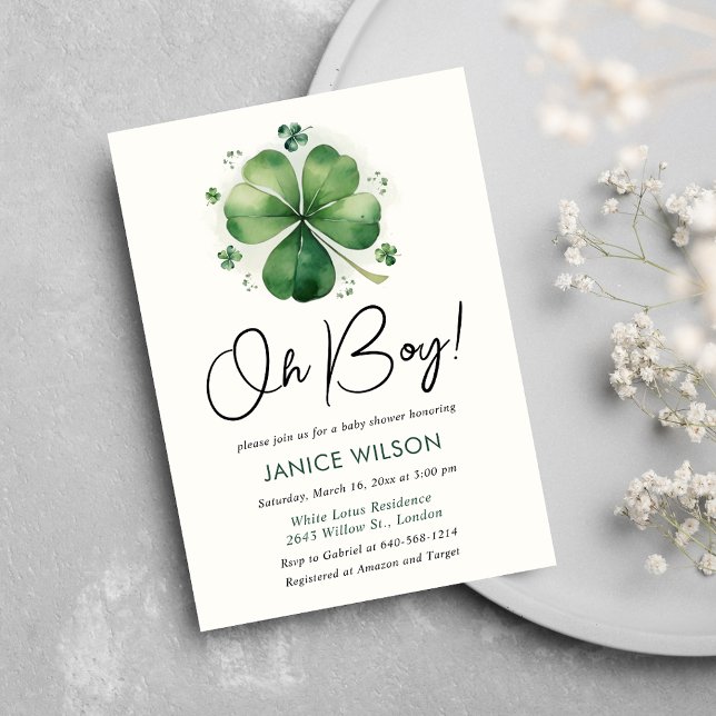 Oh Boy Green Shamrock St. Patricks Day Baby Shower Invitation (Creator Uploaded)