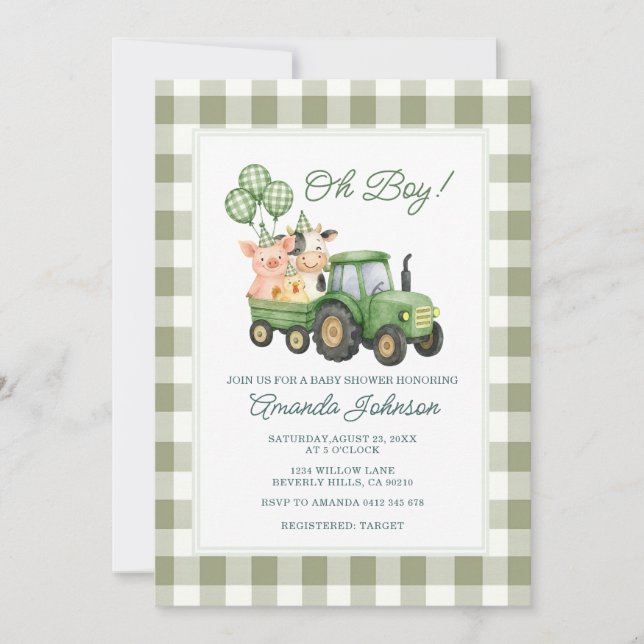 Oh Boy Green Tractor Baby Shower Invitation (Front)