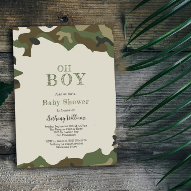 Oh Boy Green  Woodland Camo Baby Shower Invitation (Creator Uploaded)