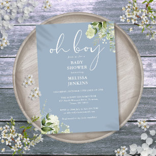 Oh Boy Greenery Dusty Blue Baby Shower Invitation