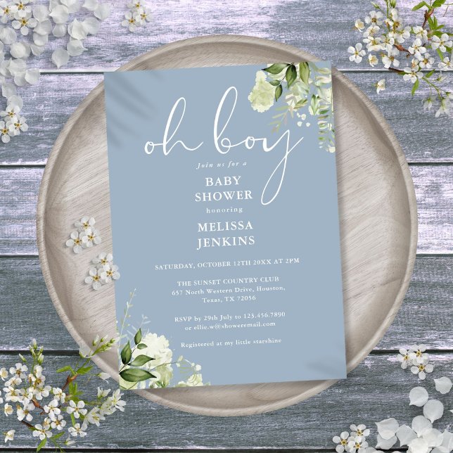 Oh Boy Greenery Dusty Blue Baby Shower Invitation (Oh Boy Greenery Dusty Blue Baby Shower Invitation)