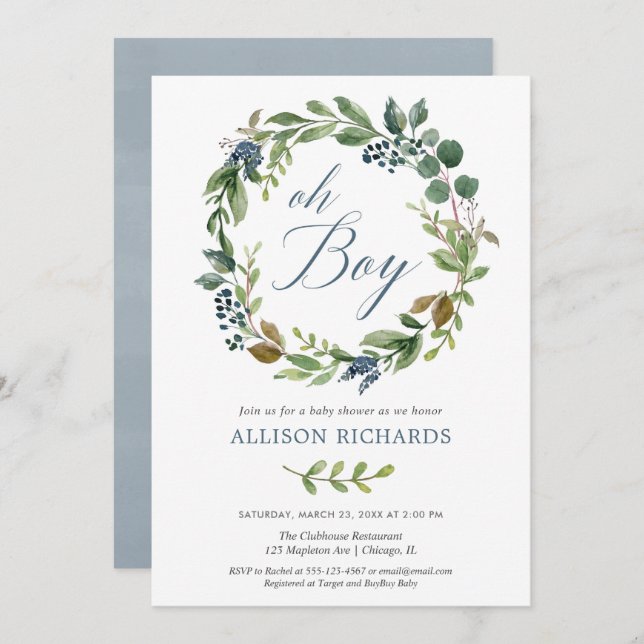 Oh boy greenery leaves dusty navy blue floral boy invitation (Front/Back)