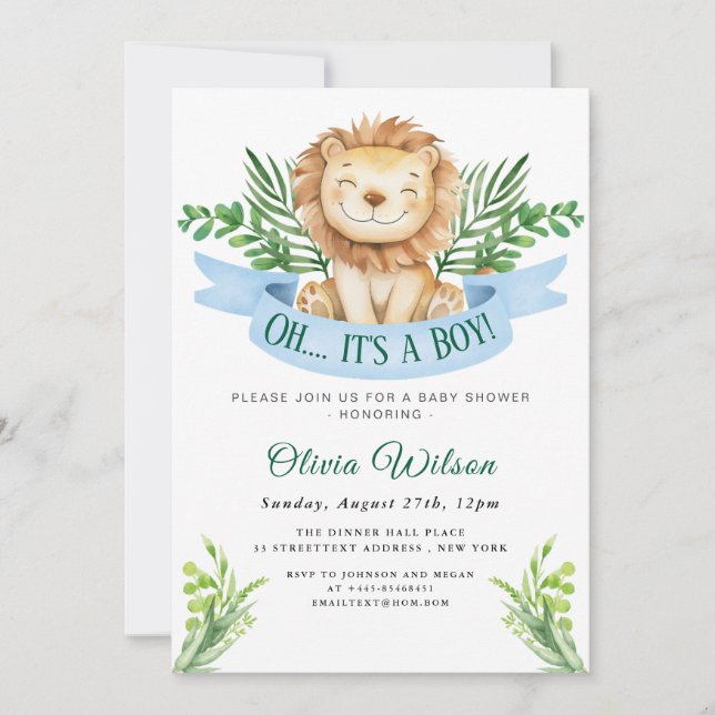 “Oh Boy!” Greenery Lion Baby Shower Invitation (Front)