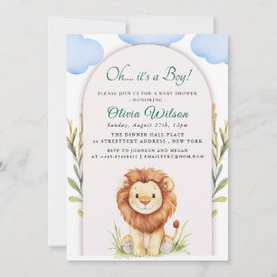 “Oh Boy!” Greenery Lion Baby Shower Invitation