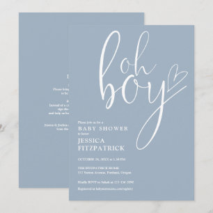 Oh Boy Heart Dusty Blue Boy All In One Baby Shower Invitation