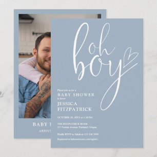 Oh Boy Heart Dusty Blue Boy Photo Baby Shower Invitation