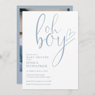 Oh Boy Heart Dusty Blue Boy Photo Baby Shower Invitation