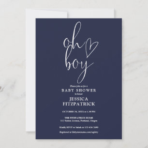 Oh Boy Heart Navy Blue Boy All In One Baby Shower Invitation