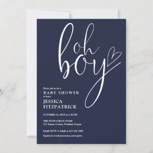 Oh Boy Heart Navy Blue Boy All In One Baby Shower Invitation