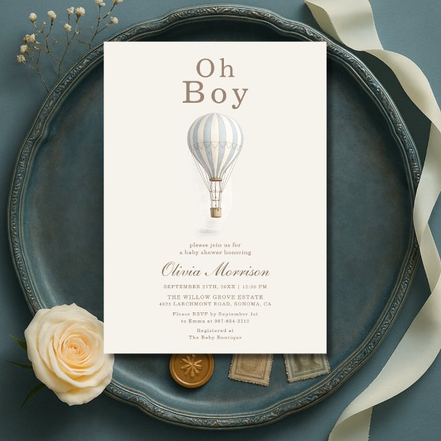 Oh Boy Hot Air Balloon Blue Boy Baby Shower Invitation (Creator Uploaded)