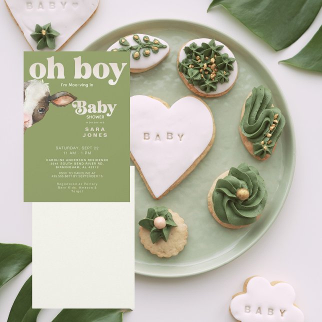 Oh Boy I'm Moo-ving In Moss Green Baby Shower Invitation (Creator Uploaded)