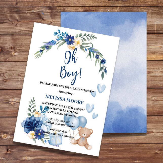 Oh Boy! Invitation Watercolor Royal Blue Flower (Creator Uploaded)