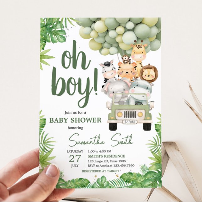 Oh Boy Jungle Safari Baby Shower  Invitation (Safari Truck Balloons Baby Shower Invitation)