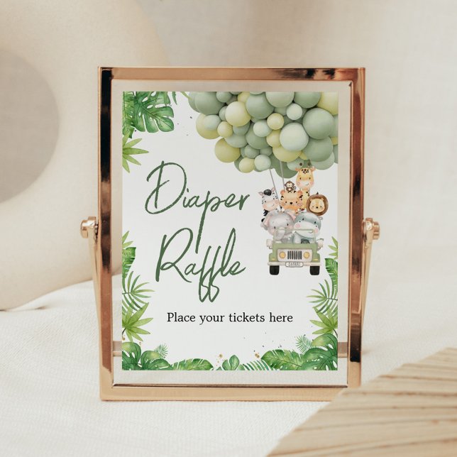 Oh Boy Jungle Safari Shower Diaper Raffle Sign (Safari Animals Baby Shower Sign)