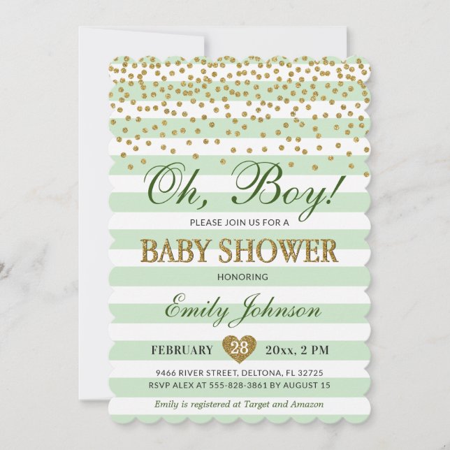 Oh Boy Light Green Khaki Gold Confetti Baby Shower Invitation (Front)