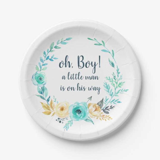 oh Boy Little Man Baby Shower Blue Grey Gold Arrow Paper Plate (Front)