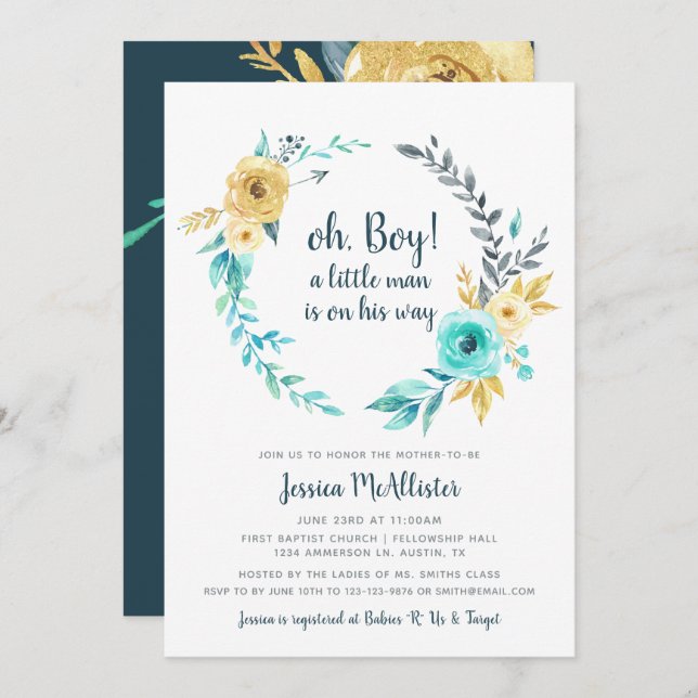oh Boy Little Man Baby Shower dark teal Invitation (Front/Back)