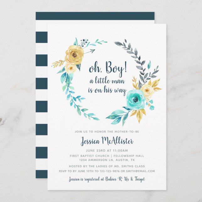 oh Boy Little Man Baby Shower Teal Invitation (Front/Back)