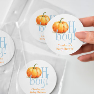 Oh Boy Little Pumpkin Blue Boy Baby Shower Classic Round Sticker