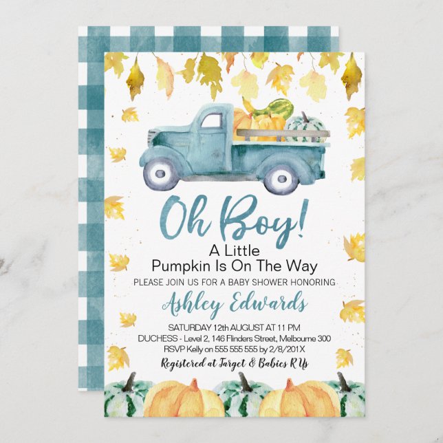 Oh Boy Little Pumpkin Truck Baby Shower Invitation (Front/Back)