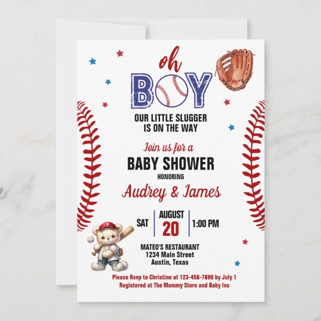 Oh Boy Little Slugger Baseball Theme Baby Shower Invitation (Front)