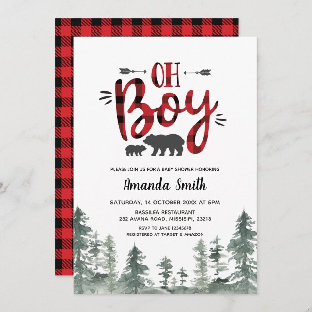 Oh Boy Lumberjack Forest Baby Shower Invitation (Front/Back)