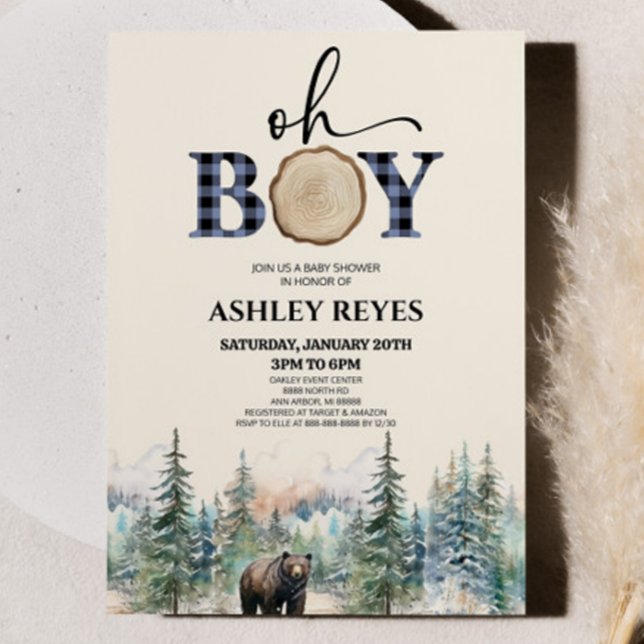 Oh Boy Lumberjack Woodland Forest Bear Baby Shower Invitation (Creator Uploaded)