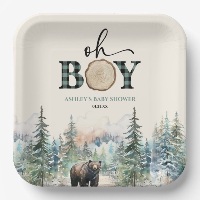 Oh Boy Lumberjack Woodland Forest Bear Baby Shower Paper Plate (Front)