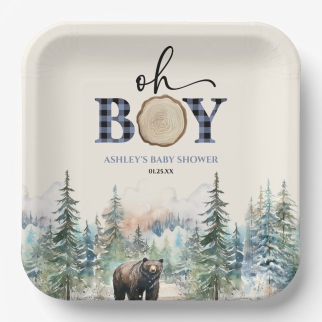 Oh Boy Lumberjack Woodland Forest Bear Baby Shower Paper Plate (Front)