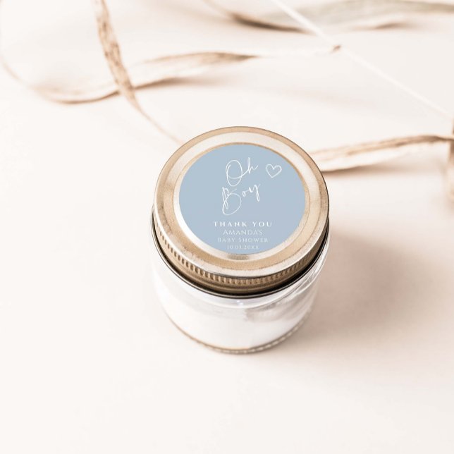 Oh Boy Minimalist Modern Baby Shower Classic Round Sticker (Creator Uploaded)