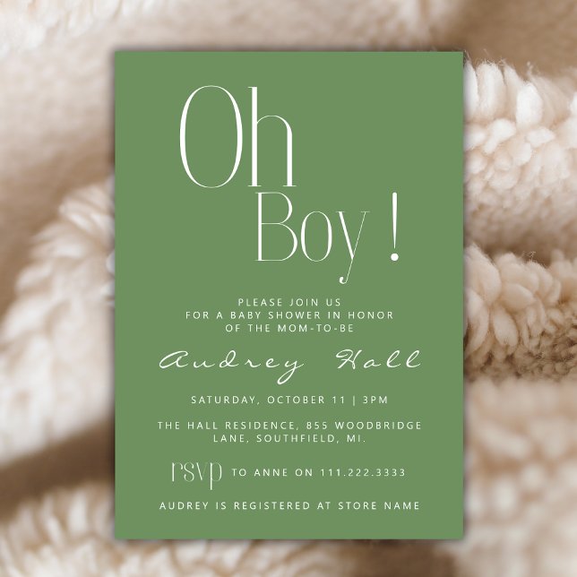 Oh Boy Minimalist Sage Green Modern Baby Shower Invitation (Creator Uploaded)