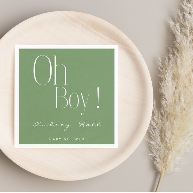 Oh Boy Minimalist Sage Green Modern Baby Shower Napkin (Creator Uploaded)