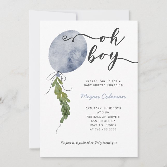 Oh Boy Modern Blue Balloon Baby Shower Invitation (Front)