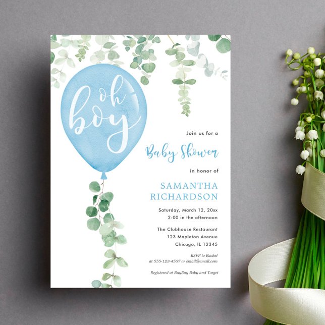 Oh boy modern eucalyptus blue balloons baby shower invitation (Creator Uploaded)
